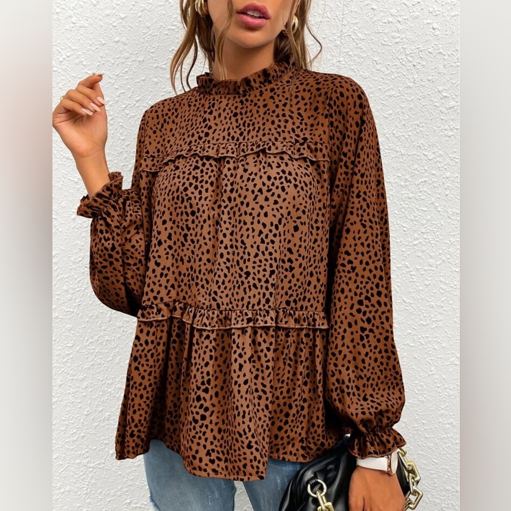 BTFBM Chiffon Dalmatian Print Flounce Sleeve Frill Trim Blouse